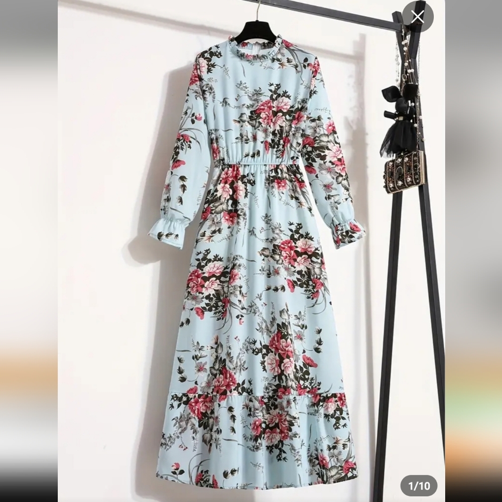 Floral Print Ruffle Hem Dress, Elegant Crew Neck Long Sleeve Dress, Women's Clot